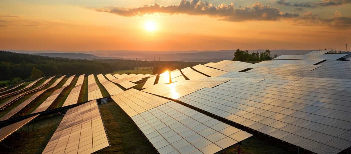 Placas solares en el campo con el cielo atardeciendo y el sol incidiendo sobre ellas